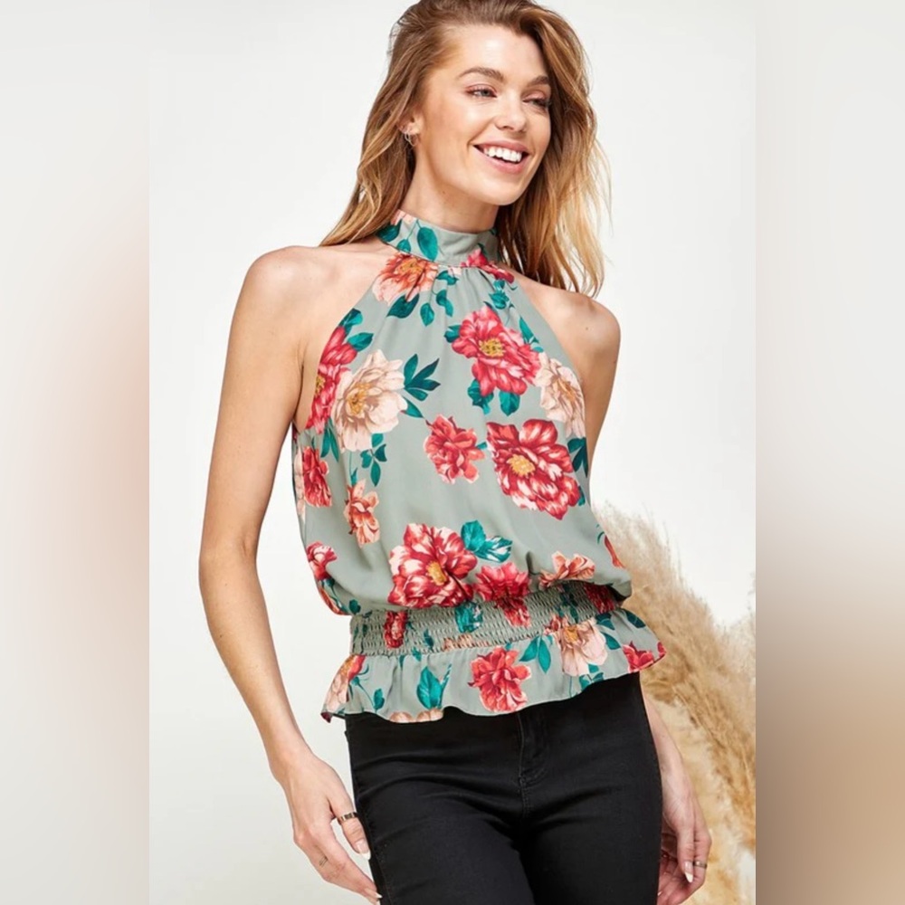 High neck floral peplum top